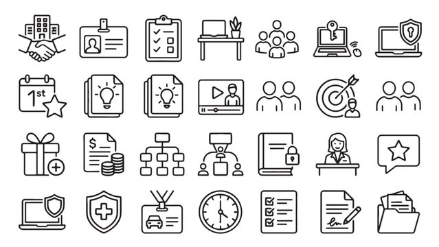 Employee benefits, onboarding, and business management outline icon collection for HR platform, corporate training, or professional UI design