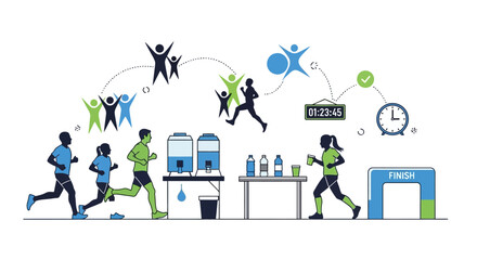 Against a white backdrop, a vibrant illustration depicts a city marathon running concept, showing runners advancing past hydration stations, with joyful stick figures cheering them