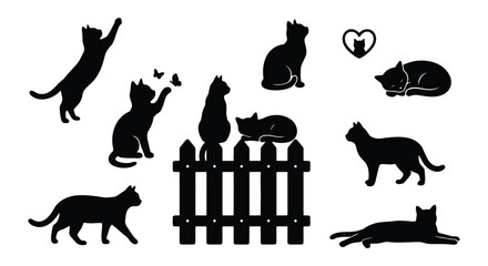 Black cat silhouette collection, feline pet vector set with various poses, domestic kitten silhouettes on garden fence, animal clip art for vinyl cutting © Nazia
