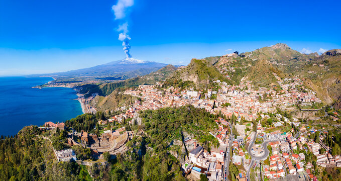 Taormina Ancient Theatre, Etna volcano aerial view, Sicily