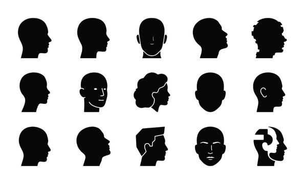 Minimalist human head silhouettes, set of 15 black profile and front view icons, diverse male and female face outlines for psychology and identity design