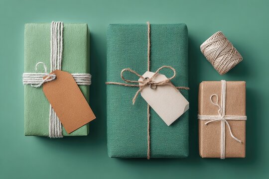 Three neatly wrapped gifts with twine and tags sit on a solid green background, evoking a sense of celebration and thoughtful giving.