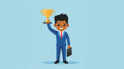 A successful child in a blue and red suit stands confidently, holding a golden trophy high in one hand and a briefcase in the other, symbolizing achievement and victory. flat vector © Pemuda