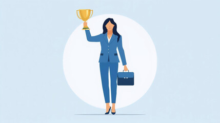 A successful businesswoman in a blue suit stands confidently, holding a golden trophy high in one hand and a briefcase in the other, symbolizing achievement and victory. flat vector © Pemuda