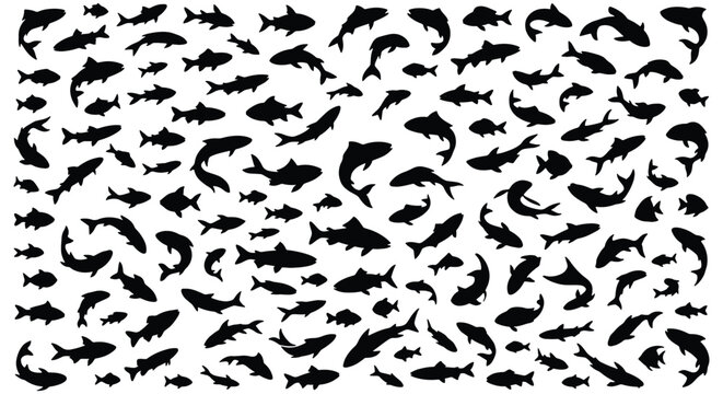 Black fish silhouettes collection, aquatic animal shapes set, marine life vector elements, underwater species icons on white background