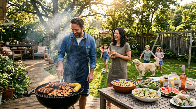 Family barbecue in a sunny backyard with children playing and a dog beside the grill