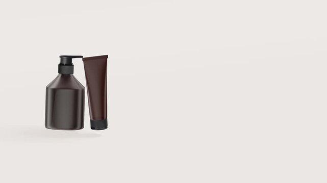 Skincare bottle and cream tube mockup set against a wide minimalist neutral background providing ample copyspace for luxury beauty and wellness marketing