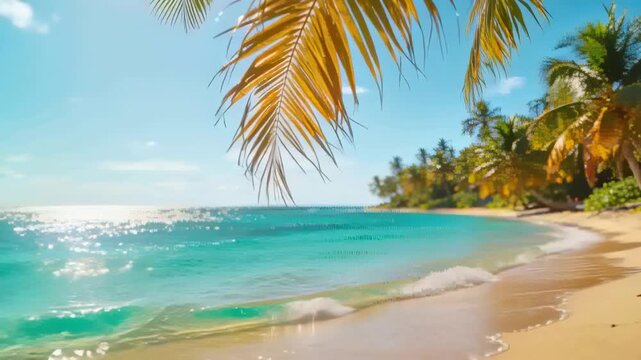 Swaying palm frond in light breeze while camera settling on tropical beach, revealing wet sand, sea
