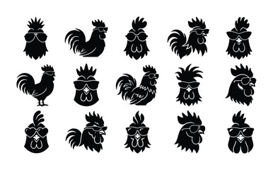 Cool rooster silhouette collection, 15 black chicken icons wearing sunglasses, funny farm bird vector set for logo design and apparel printing © Khadija