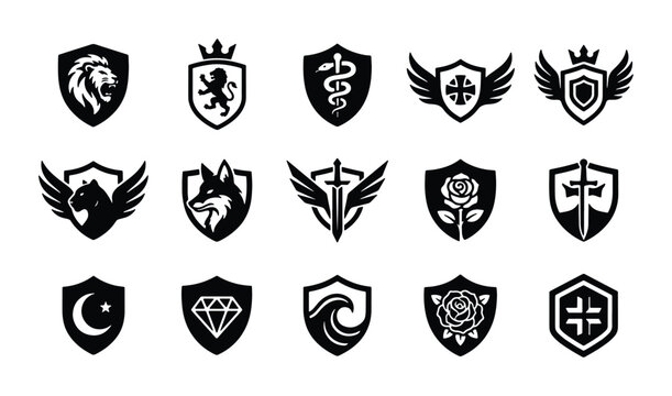 Heraldic shield crest collection, 15 black vector coat of arms icons, medieval security emblems with lion wolf and sword symbols, royal branding elements