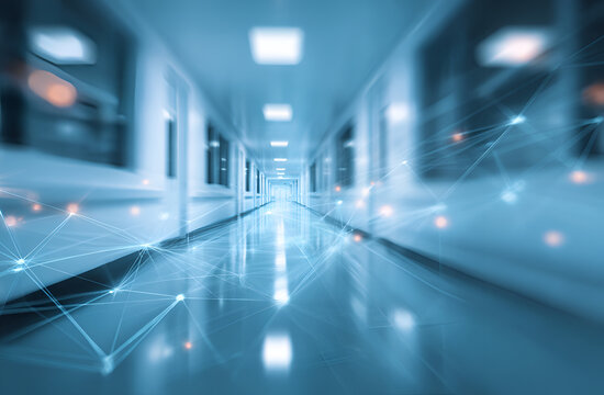 Futuristic hospital corridor with glowing network connections.