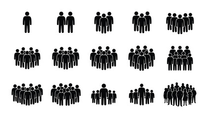 Minimalist people icon set, black silhouette crowd and group symbols, 15 vector elements for business team and community infographics