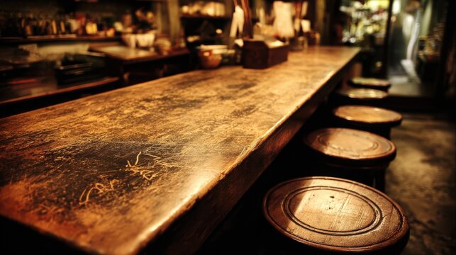 Aged Oak Butcher Block Surface Showing Knife Marks and Rich Wood Grain in Rustic Kitchen Setting