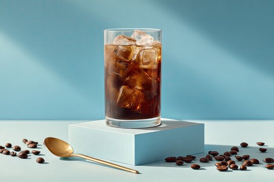 A refreshing glass of iced coffee is presented with scattered coffee beans and a golden spoon on a blue backdrop.
