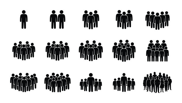 Minimalist people icon set, black silhouette crowd and group symbols, 15 vector elements for business team and community infographics