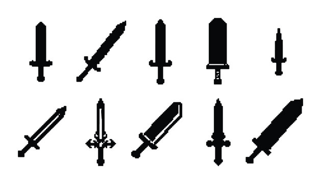 Medieval sword silhouette icons, collection of 10 fantasy blade vector elements, black weapon symbols for gaming and ui design