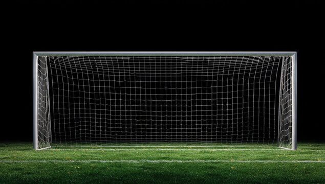 A brightly lit soccer goal stands prominently on a lush green field against a dark background.