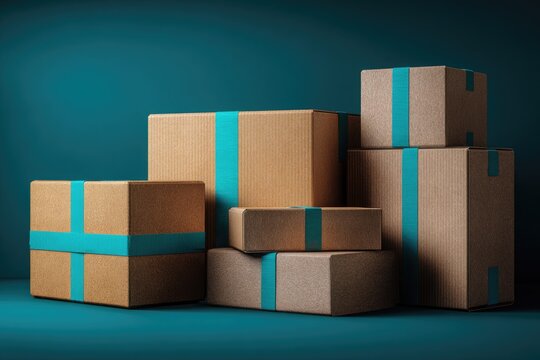 Stack of Cardboard Boxes with Blue Tape.