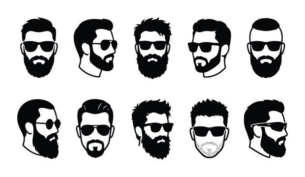 Bearded man head silhouettes with sunglasses, collection of 10 male avatar icons, barbershop grooming and hipster style vector set for branding