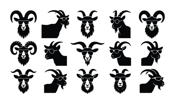 Cool goat head icons with sunglasses, 15 black vector goat silhouettes with horns, funny farm animal mascot set for apparel and logo design