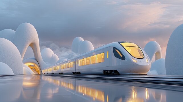 Futuristic High-Speed Train Traveling Through a Surreal Landscape.