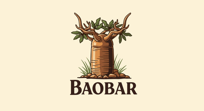 Stylized baobab tree with branched crown and foliage, set against pale background