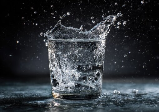 A glass of water erupts in a dynamic splash, capturing the fleeting beauty of liquid motion against a dark, dramatic background.