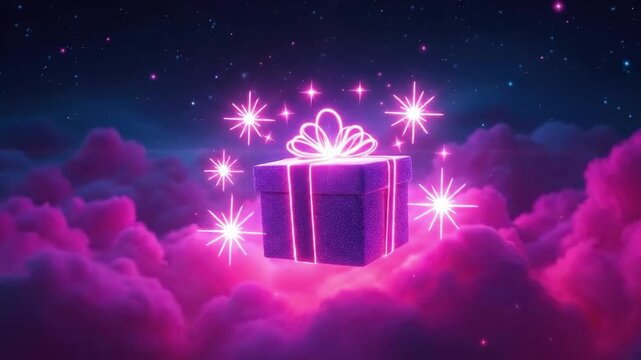 Glowing gift box amidst neon pink clouds and starry night sky