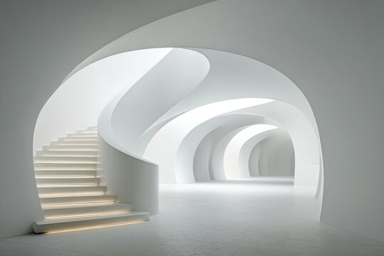 A mesmerizing architectural interior showcases a flowing, white staircase and curved archways, creating a sense of infinite space and ethereal beauty.