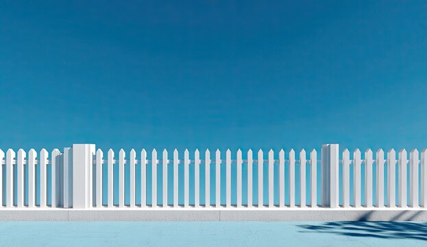 A minimalist composition showcases a white picket fence against a vibrant blue sky and a matching blue surface, creating a striking contrast of colors and geometric forms.