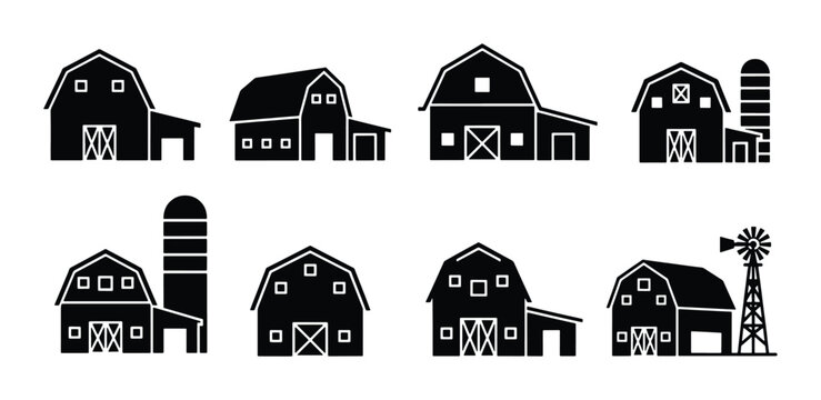 Rustic barn icons set, black farm building silhouettes with silos and windmills, 8 agricultural vector elements for rural landscape design