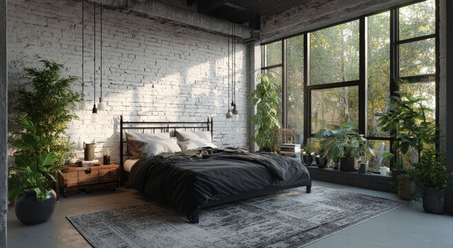 A stylish bedroom features a dark metal bed, exposed brick, and lush greenery, creating a tranquil urban oasis.