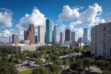 Fototapeta premium A vibrant cityscape of Houston, Texas, showcases a cluster of modern skyscrapers reaching towards a bright blue sky dotted with fluffy white clouds, framed by lush greenery and a sprawling park.