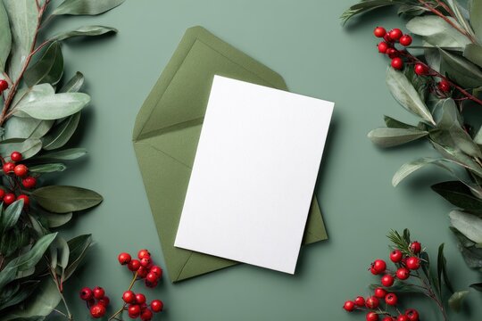 A festive flat lay features a blank card and envelope surrounded by eucalyptus and red berries.