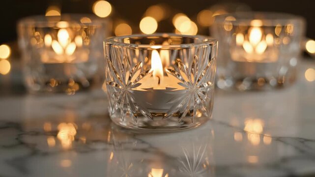 Crystal candle holders with lit candles on a marble surface, surrounded by soft bokeh lights