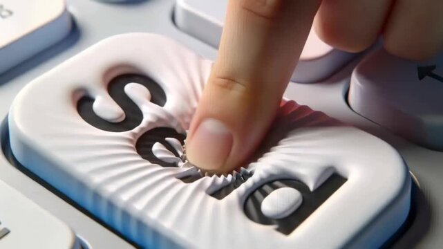 Approaching right fingertip pressing and forming deep dent on send key at keyboard, sending message