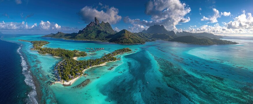 A breathtaking aerial view showcases the turquoise lagoons and lush islands of Bora Bora, French Polynesia.