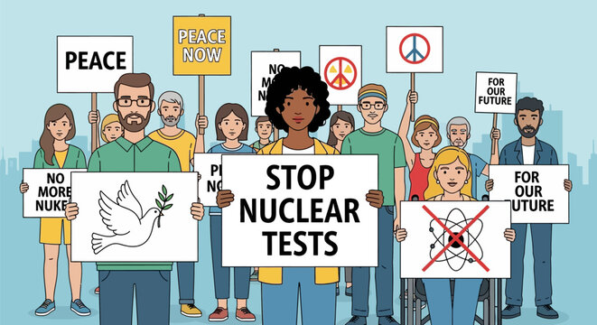 Diverse group of people protesting against nuclear weapons with peace signs.