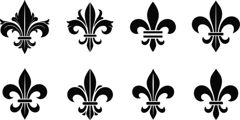 Fototapeta premium Collection of fleur de lis symbols in black silhouette ornamental heraldic design elements for logos branding decoration and vintage artwork