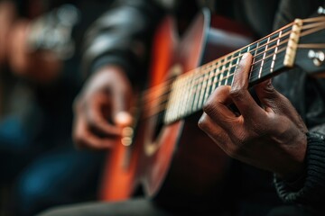 Fototapeta premium A close-up shot captures a musician's hands skillfully playing an acoustic guitar, showcasing the intricate details of the instrument and the passion of the performance.