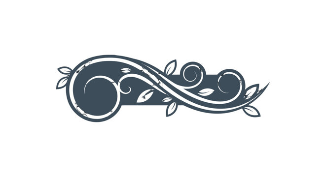 Elegant dark blue ornate floral scroll design element with intricate swirls and leaves on an isolated white background.