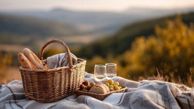 Romantic picnic basket with bread, grapes, and wine glasses on a blanket outdoors