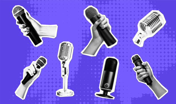 Microphone cutout halftone and collage retro vintage with voice media vector. Trendy hand art and music sound pop with poster mic isolated. Paper microphone mouth and set collage audio.