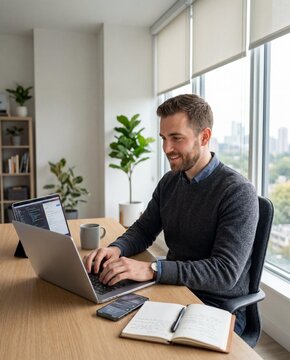 Smiling young businessman or software developer working on a laptop at a wooden desk in a bright modern office with city view
