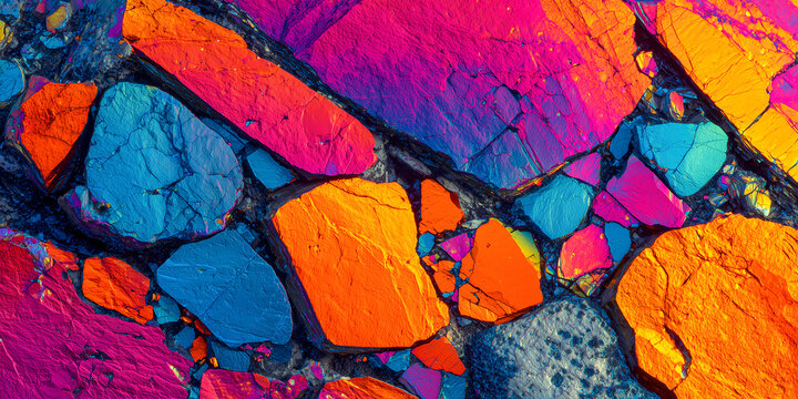 abstract micro photography of volcanic rock thin section under polarized light with vibrant mineral crystal patterns
