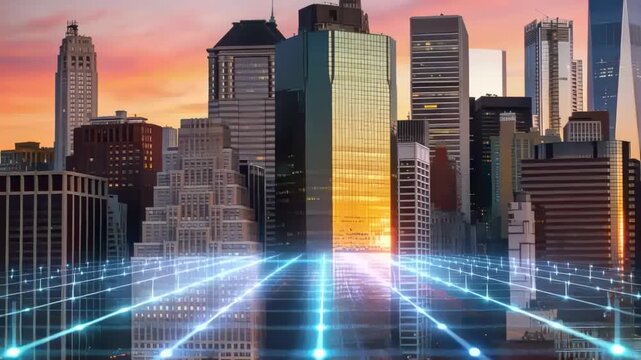 Activating neon blue grid converging on central gold skyscraper, lighting base downtown at sunset