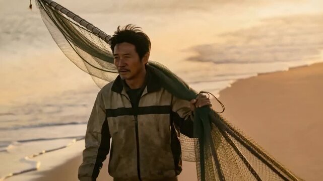 Low sun urging man walking shore carrying long net, adjusting grip, returning home to unload catch