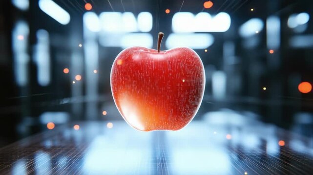 Futuristic digital apple floating in a high-tech environment