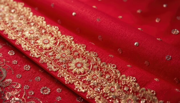 Closeup of Luxurious Red Fabric with Intricate Gold Embroidery and Elegant Floral Pattern