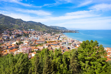Naklejka premium Cefalu city centre aerial panoramic view in Sicily